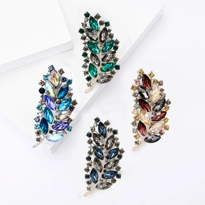 Elegant Alloy Feather Brooch With Rhinestones Leaf Shape Pins For Women Suit Dress Fashion Jewelry Accessories