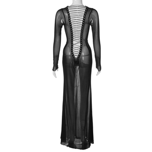 Close-up of the back lace-up detail and sheer mesh texture on this black maxi dress