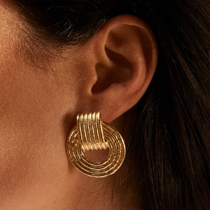 Golden 18k plated stainless steel hoop earrings with unique hammered texture for women