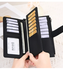 Internal view of black RFID women's wallet with multi-card slots and litchi texture PU leather