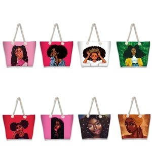 Sac Cabas En Toile Pour Femmes Imprimé Femmes Africaines Sac De Shopping À Bandoulière Avec Poignée En Corde Coton Mode Plage
