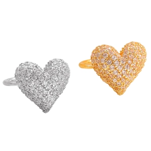 Minimalist heart-shaped pavé zircon ear cuffs in gold and silver finish on white background