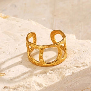18K gold-plated geometric hammered open ring with hollow design in titanium steel