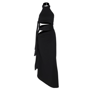 Detail view of black halter neck dress featuring side cut-outs and knot ties on the waist