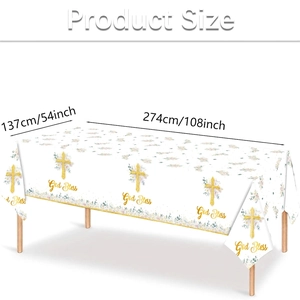 Religious tablecloth detail with gold cross, God Bless text, and floral pattern 54x108 inch