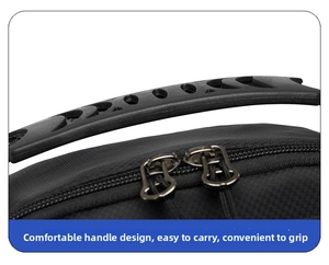 Detail of durable nylon fabric with ergonomic top handle and dual metal zippers