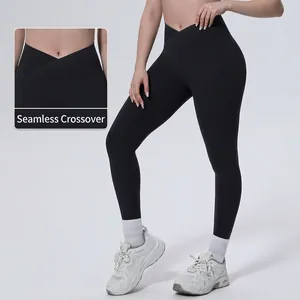 Damen High Waist Criss Cross Yogahose Nahtlose Bauchkontrolle Leggings Nylon Elasthan Laufen Fitness Sport Bottoms