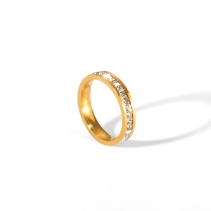 Detail view of 18K gold plated stainless steel ring with sparkling zircon stones