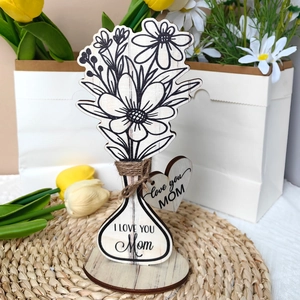 Close-up of wooden flower vase ornament with I Love You Mom text and twine detail