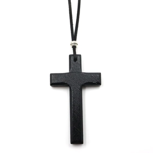 Vintage black wooden cross pendant necklace with a silver metal ring and black cord