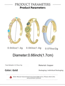 Detailed view of adjustable enamel rings with colorful zircons and gold plating