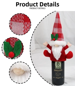 Detailed close-up of Gnome wine bottle cover with red plaid pattern and holly decoration