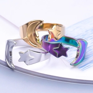 Minimalist moon and star stainless steel open rings in gold, silver and rainbow finish