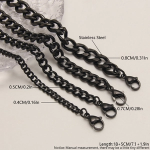 Detail view of four black stainless steel Cuban bracelets in varying widths with measurements
