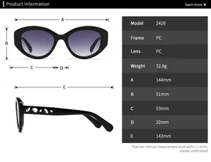 Detailed size guide and measurements for oval rhinestone sunglasses with PC frame model 2426