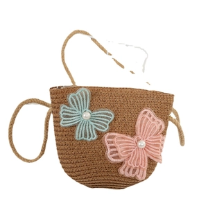 Girl's brown straw crossbody bag with embroidered butterflies and pearl accents