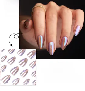 Detailed view of short almond aurora cat eye press-on nails with iridescent finish