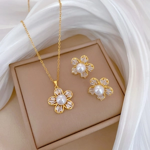 Five Petal Flower Necklace And Earrings Zirconia Artificial Pearl Titanium Steel Real Gold Plated Silver Earring Post Elegant Woman