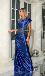 Detailed view of starry blue satin evening gown with rhinestones and elegant side slit