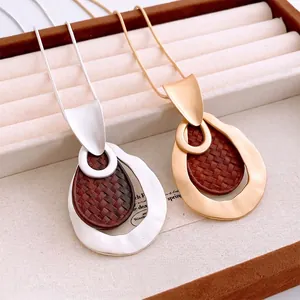 Vintage Matte Copper Pendant Necklace With Wood Splinter Hollow Teardrop Long Sweater Chain Bohemian Jewelry For Women