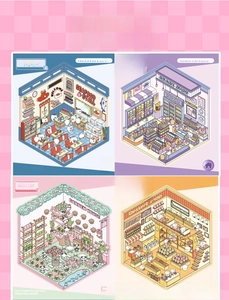 Four isometric miniature DIY pet scenes showing seafood, snack, garden and dessert themes