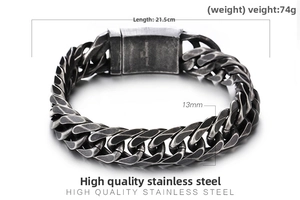 Detail view of 21.5cm stainless steel curb chain bracelet weighing 74g with 13mm width