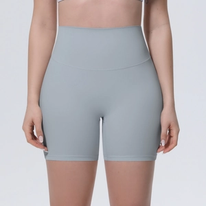 Détail du short de yoga sans couture à taille haute bleu-gris montrant la gaine abdominale