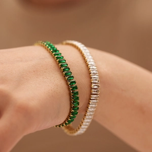 Tennis Bracelet For Women 18K Gold Plated Stainless Steel Baguette Cut Zircon French Light Luxury Elegant Jewelry