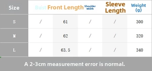 Size chart detail for oversized bomber jacket showing length and weight measurements