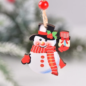 Set of 12 festive Christmas snowman wooden pendants with red beads for tree decoration