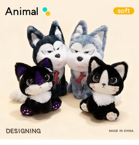 Close-up of soft plush kitten and husky dolls featuring smooth textures and heart tags