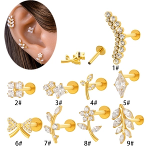 Titanium Alloy Cubic Zirconia Labret Studs Internal Thread Flat Back Flower Butterfly Leaf Ear Cartilage Piercing Jewelry