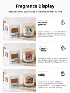 Detail showing scent notes and elegant glass jar candles with minimalist wooden lids