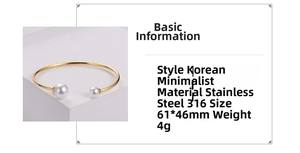 Detailed specs of open gold cuff bangle with pearls in 316 stainless steel