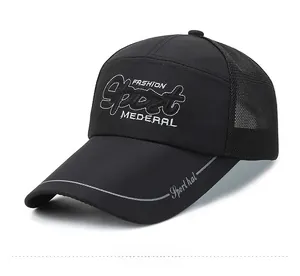 Close-up of black mesh baseball cap with detailed fashion sport embroidery and side view