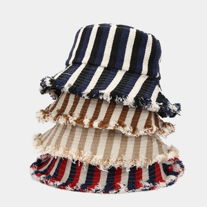 Women Retro Striped Cotton Bucket Hat With Frayed Edges Casual Sunshade Fisherman Hat Sun Protection Basin Hat For Travel