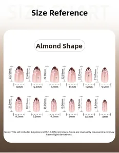 Size chart showing 24 pieces of almond-shaped nails in 12 sizes with precise measurements