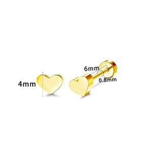 Detail of 4mm gold heart stud earring with 0.8x6mm screw back stainless steel post