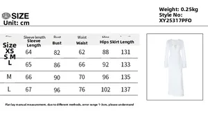 Detailed size chart for the V-neck knit dress showing sleeve, bust, and length measurements