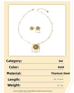 Detail view of gold titanium steel jewelry set with turquoise mandala pendant and earrings