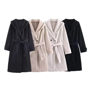 Women Hooded Woolen Trench Coat Double Breasted Long Jacket With Belt Casual Solid Color Elegant Autumn Winter Outwear