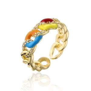 Detail of 18K gold plated chain ring with rainbow enamel and zircon insets