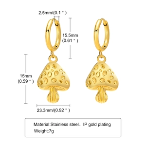 Detail view of mushroom charm earrings with precise dimensions and 18k gold plating