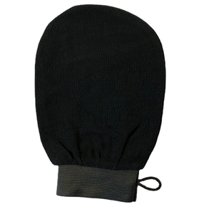Exfoliating black Moroccan shower glove with elastic wrist band and hanging loop for skin care