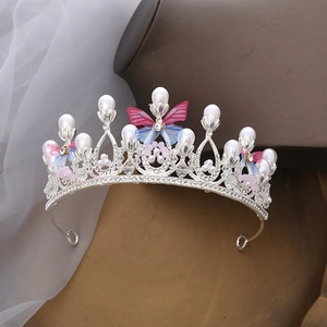 Silver crown headpiece with pearls, crystals and gradient fabric butterflies for girls