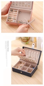 Detail of pink and blue jewelry organizers showing ring slots and earring compartments