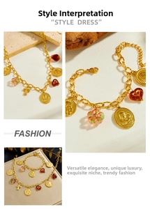 Detail view of retro gold coin necklaces with red heart and religious pendants