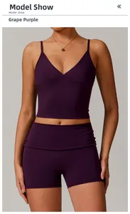 Close-up of Grape Purple yoga set showing high-waisted shorts and sports tank top