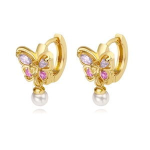 Boucles d'oreilles papillon dorées avec zircons colorés et perles blanches