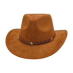 Classic brown faux suede western cowboy hat with leather band and metal star studs